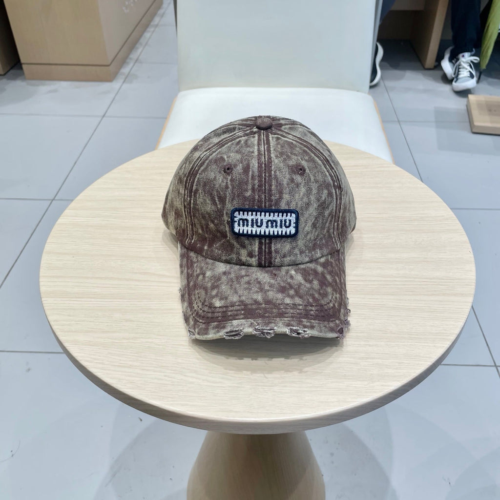 MM DISTRESSED FABRIC BASEBALL CAP IN BROWN WITH EMBROIDERED LOGO