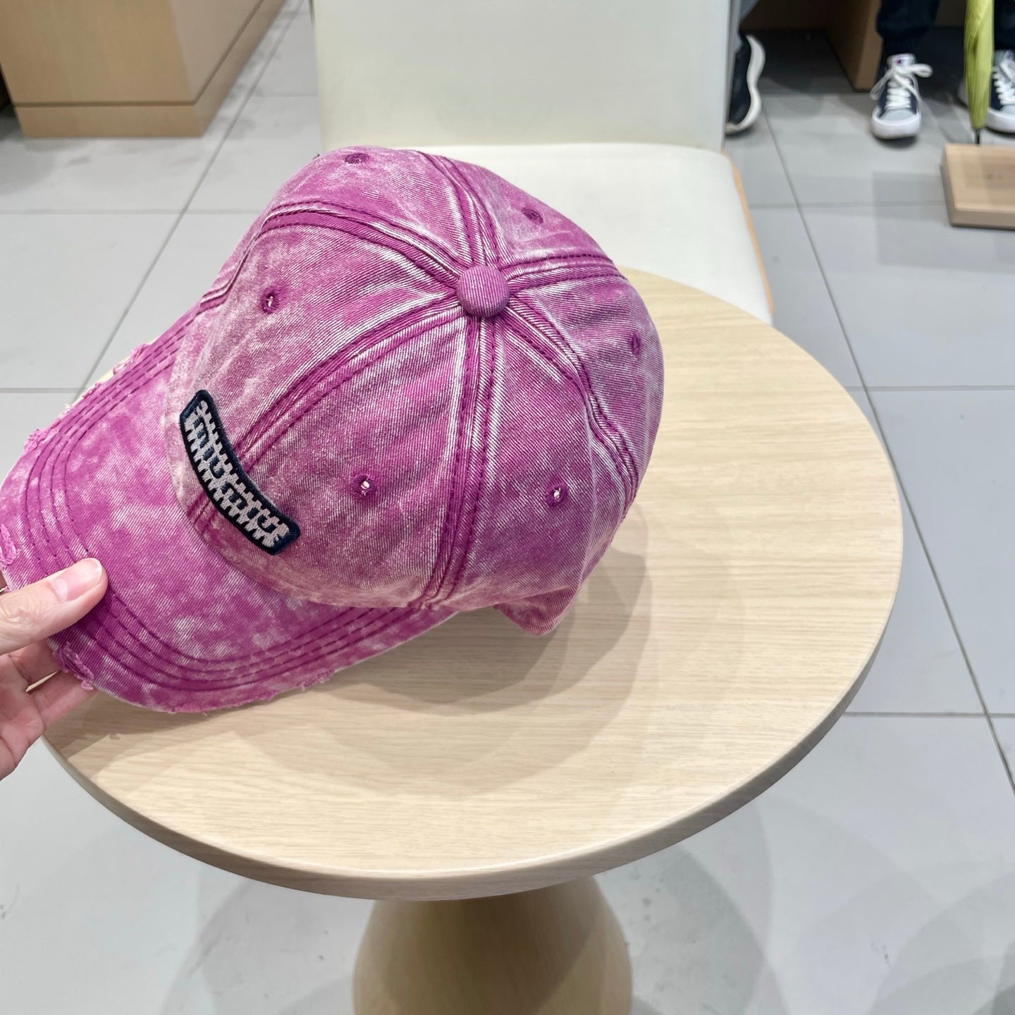 MM DISTRESSED FABRIC BASEBALL CAP IN PINK WITH EMBROIDERED LOGO