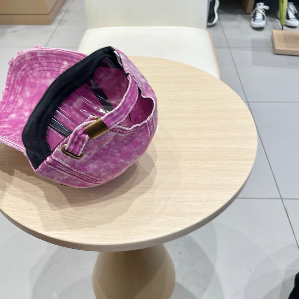 MM DISTRESSED FABRIC BASEBALL CAP IN PINK WITH EMBROIDERED LOGO