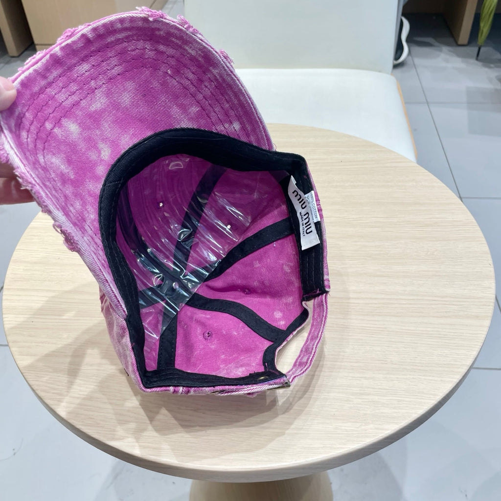 MM DISTRESSED FABRIC BASEBALL CAP IN PINK WITH EMBROIDERED LOGO