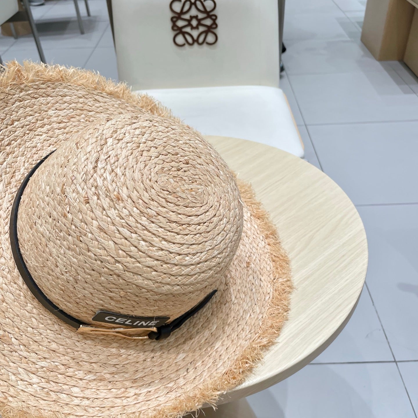 WIDE BRIM HAT MODEL 650422 IN NATURAL WITH BLACK LEATHER STRAP RAFFIA STRAW