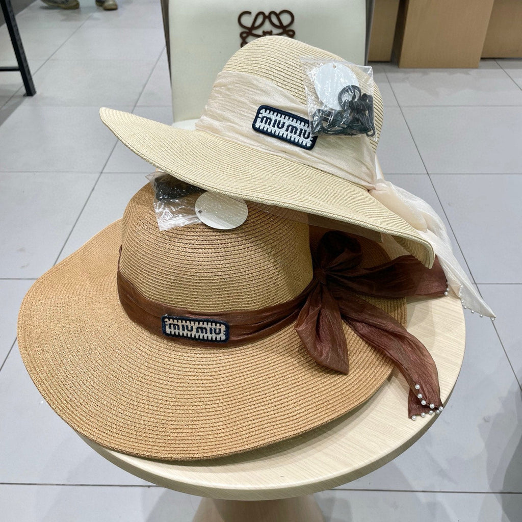 MM WIDE-BRIM BEACH HAT IN BEIGE WITH FABRIC BOW