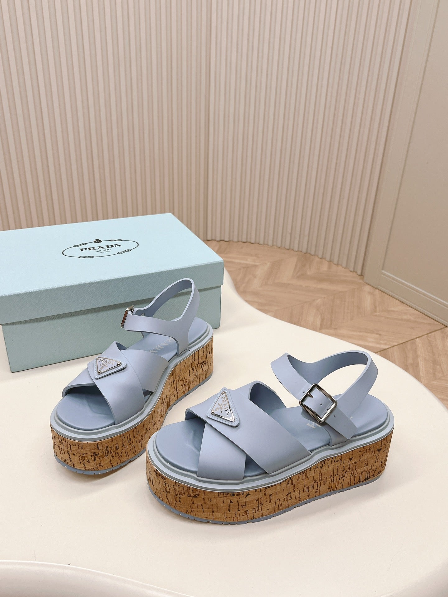 PRA WEDGE PLATFORM SANDALS SAPPHIRE CALFSKIN