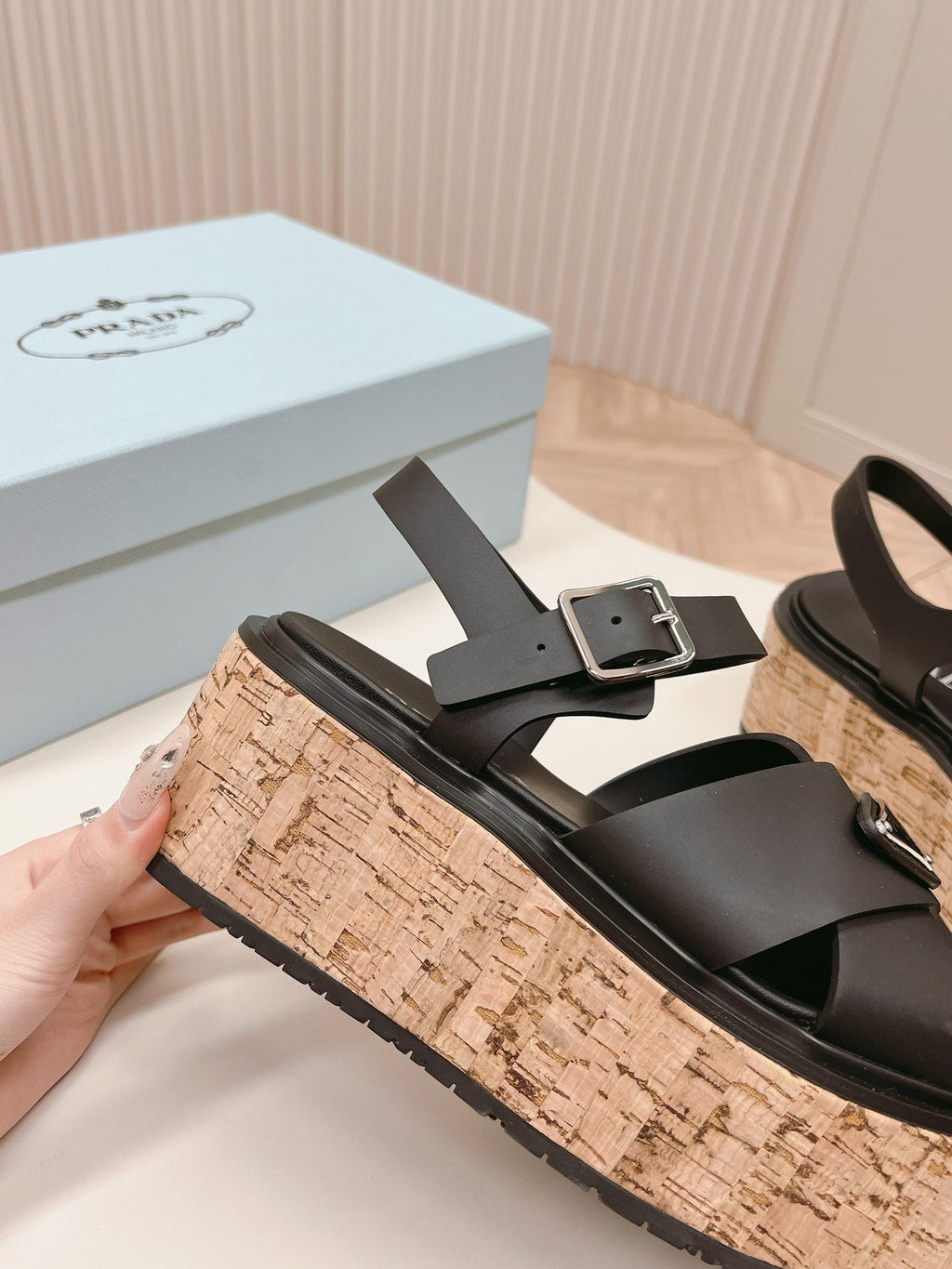 PRA WEDGE PLATFORM SANDALS BLACK CALFSKIN