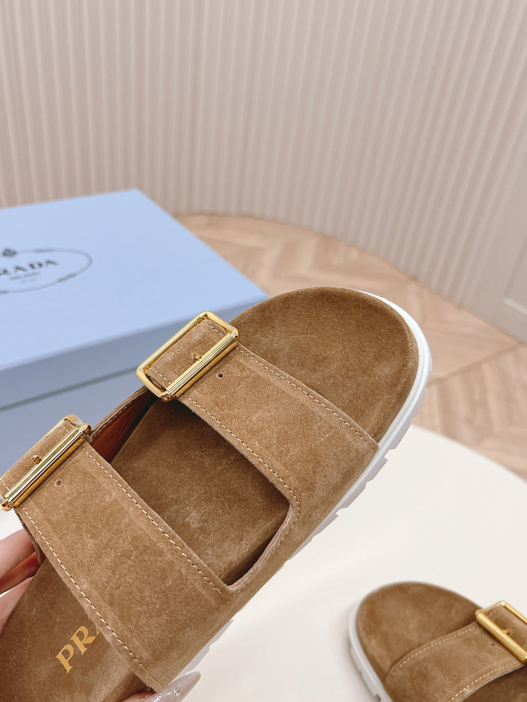 Double Buckle Strap Slides 20 Brown Suede