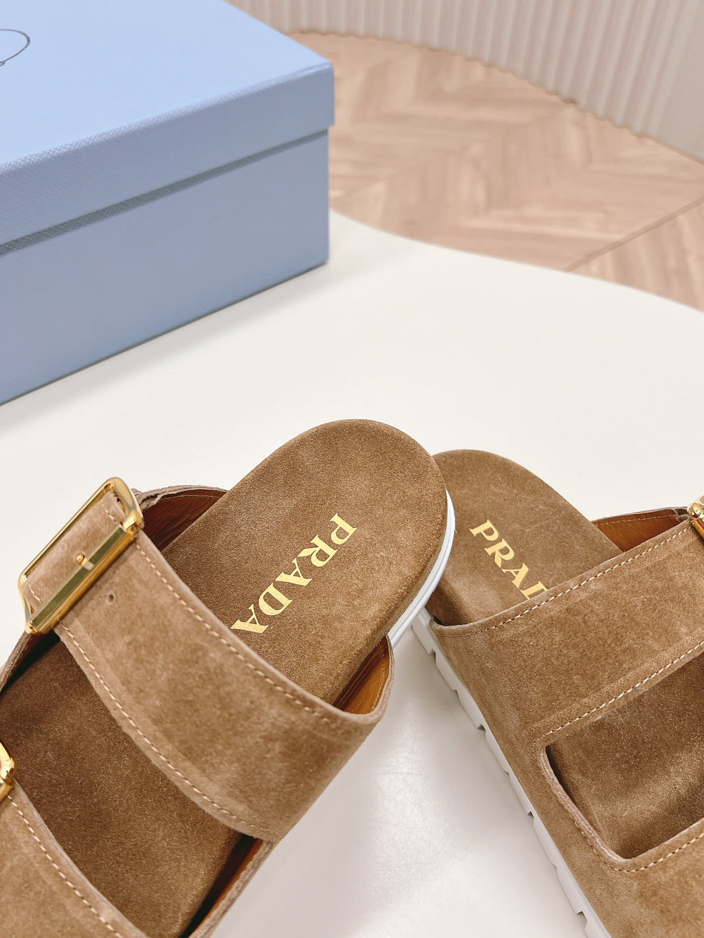 Double Buckle Strap Slides 20 Brown Suede