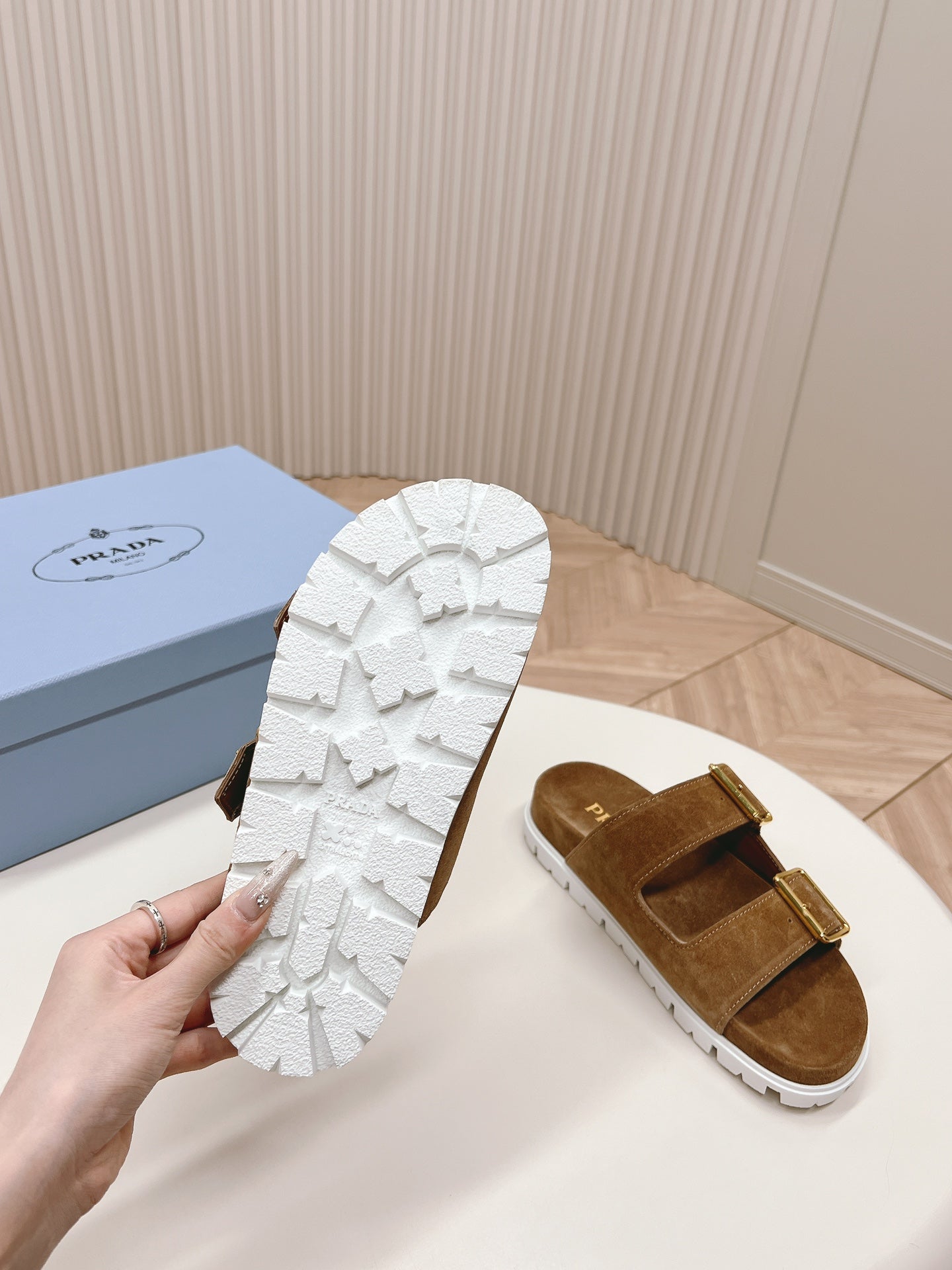 Double Buckle Strap Slides 20 Brown Suede