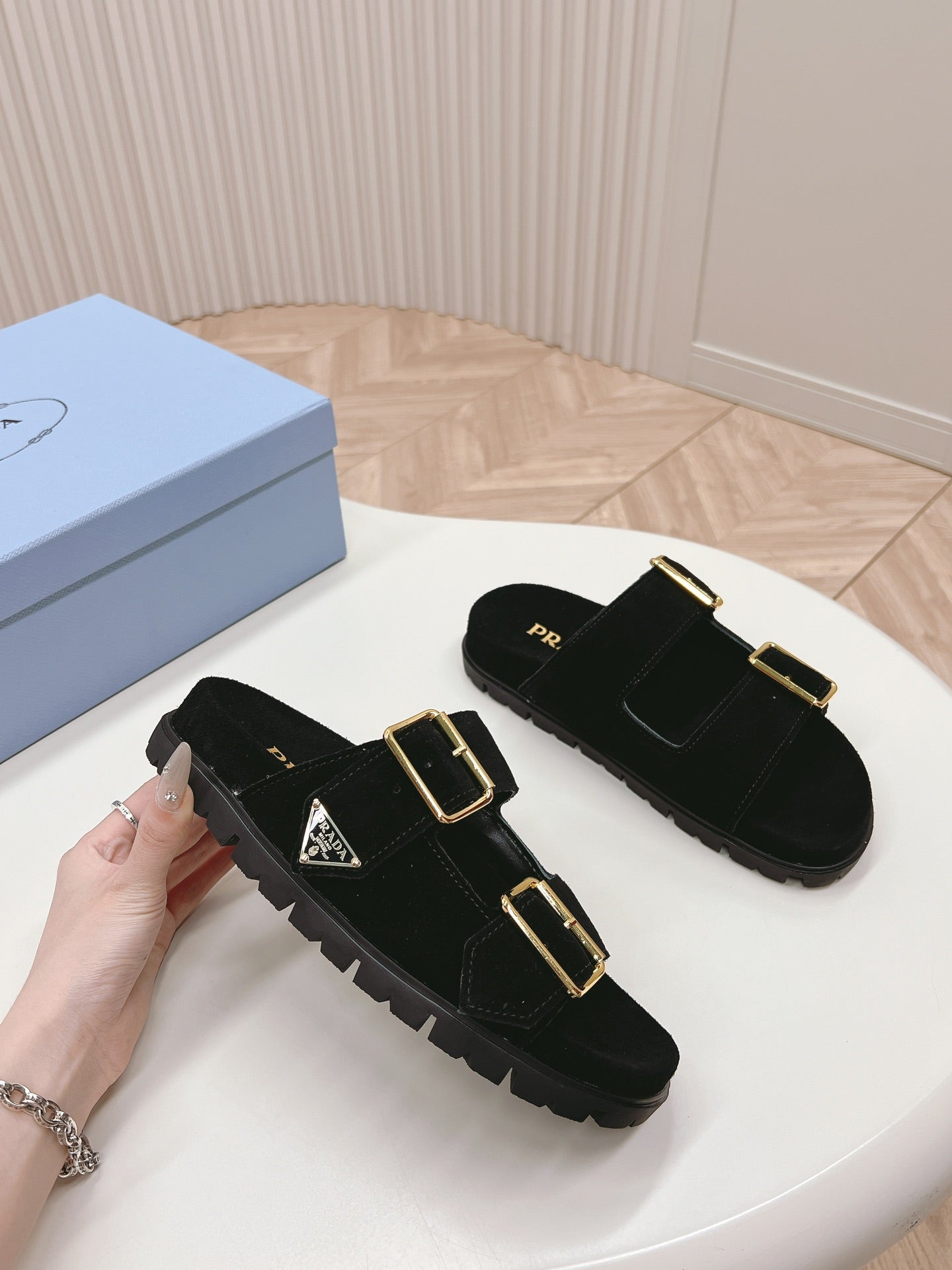 Double Buckle Strap Slides 20 Black Suede