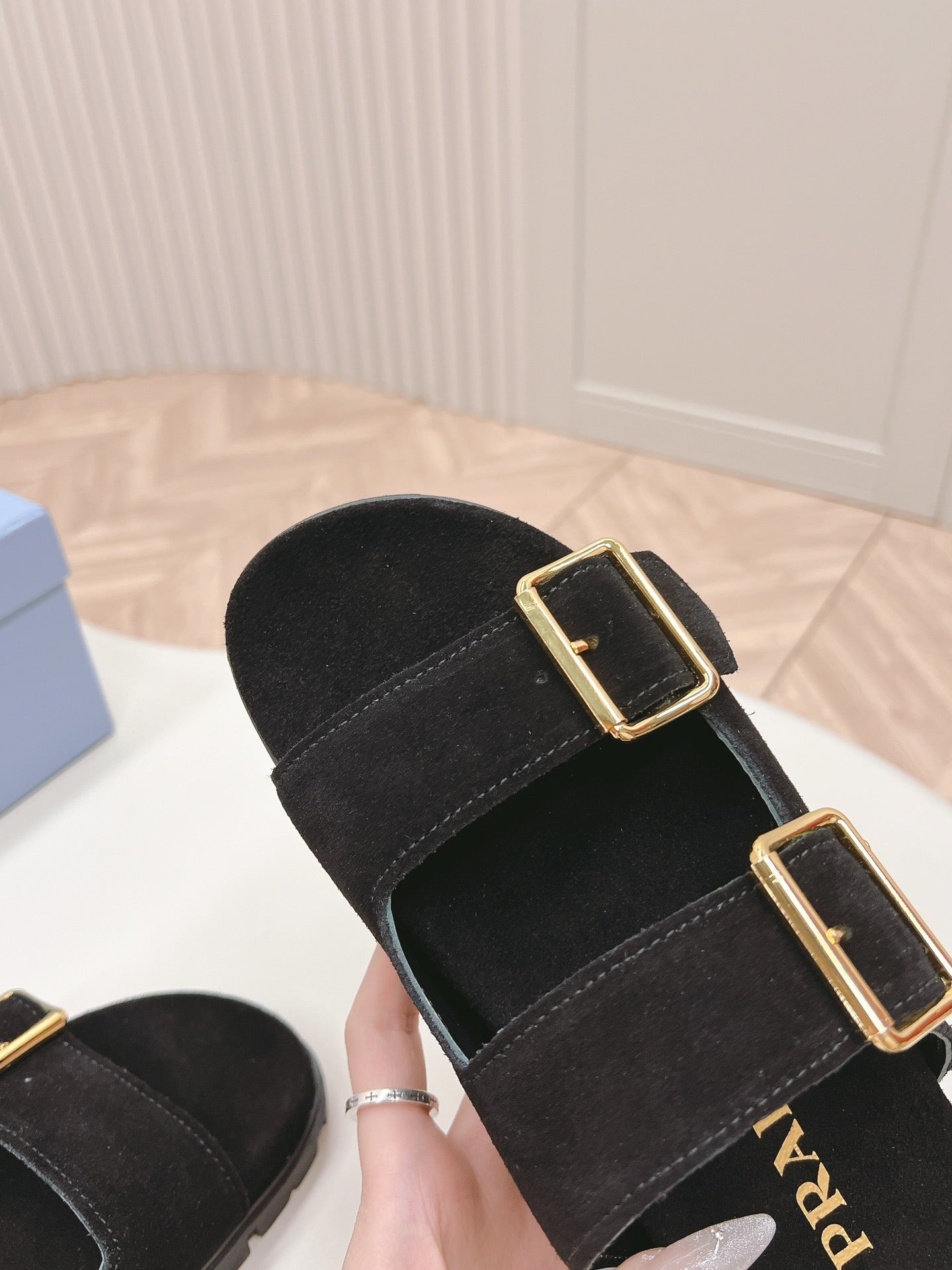 Double Buckle Strap Slides 20 Black Suede