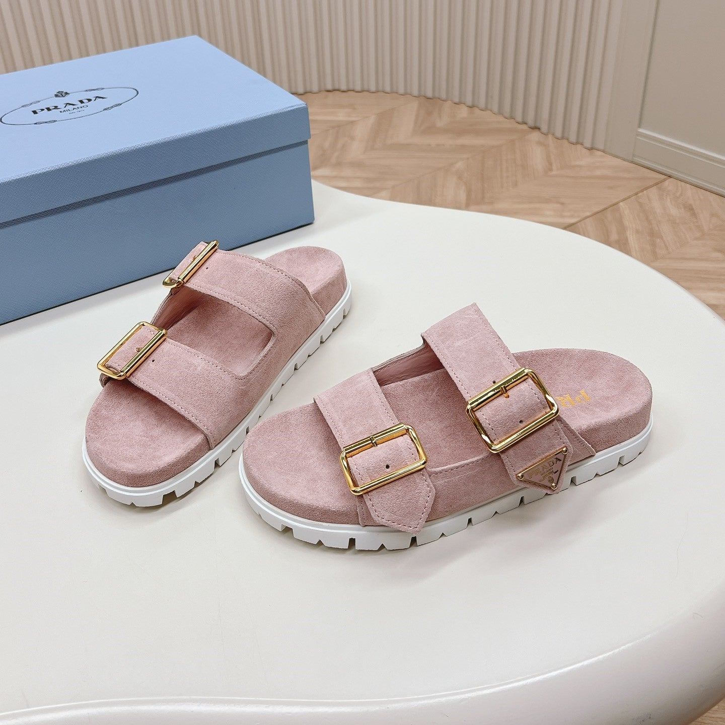 Double Buckle Strap Slides 20 Pink Suede