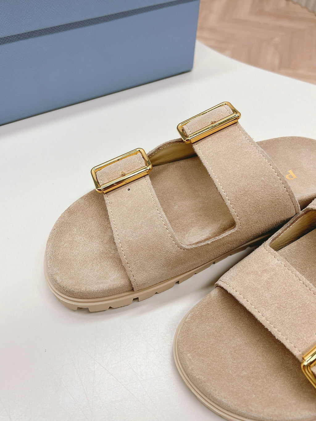 Double Buckle Strap Slides 20 Light Brown Suede
