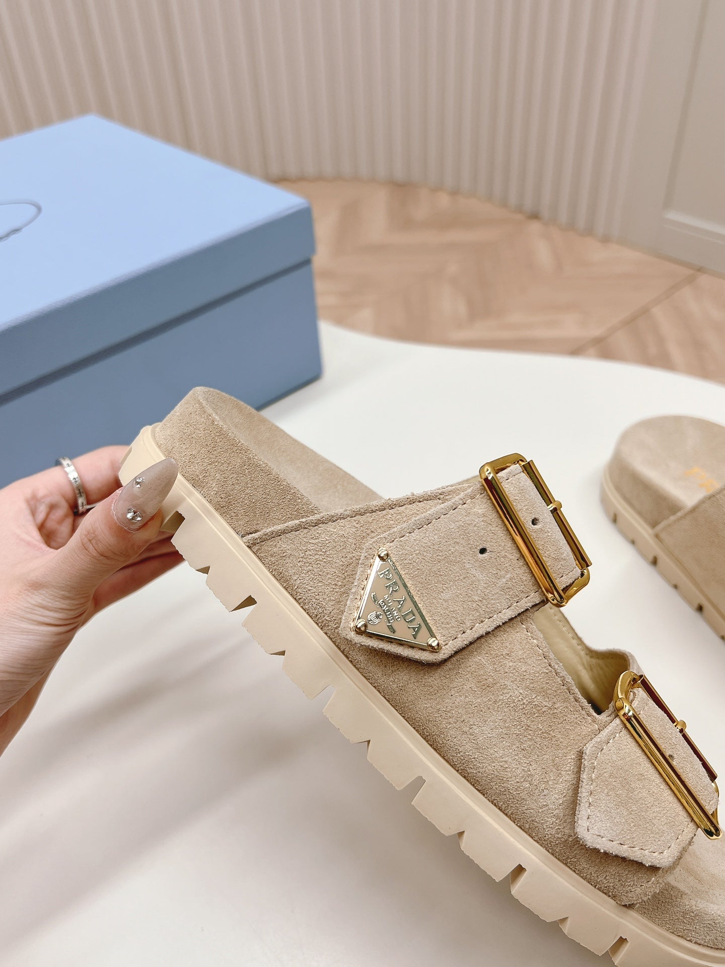 Double Buckle Strap Slides 20 Light Brown Suede