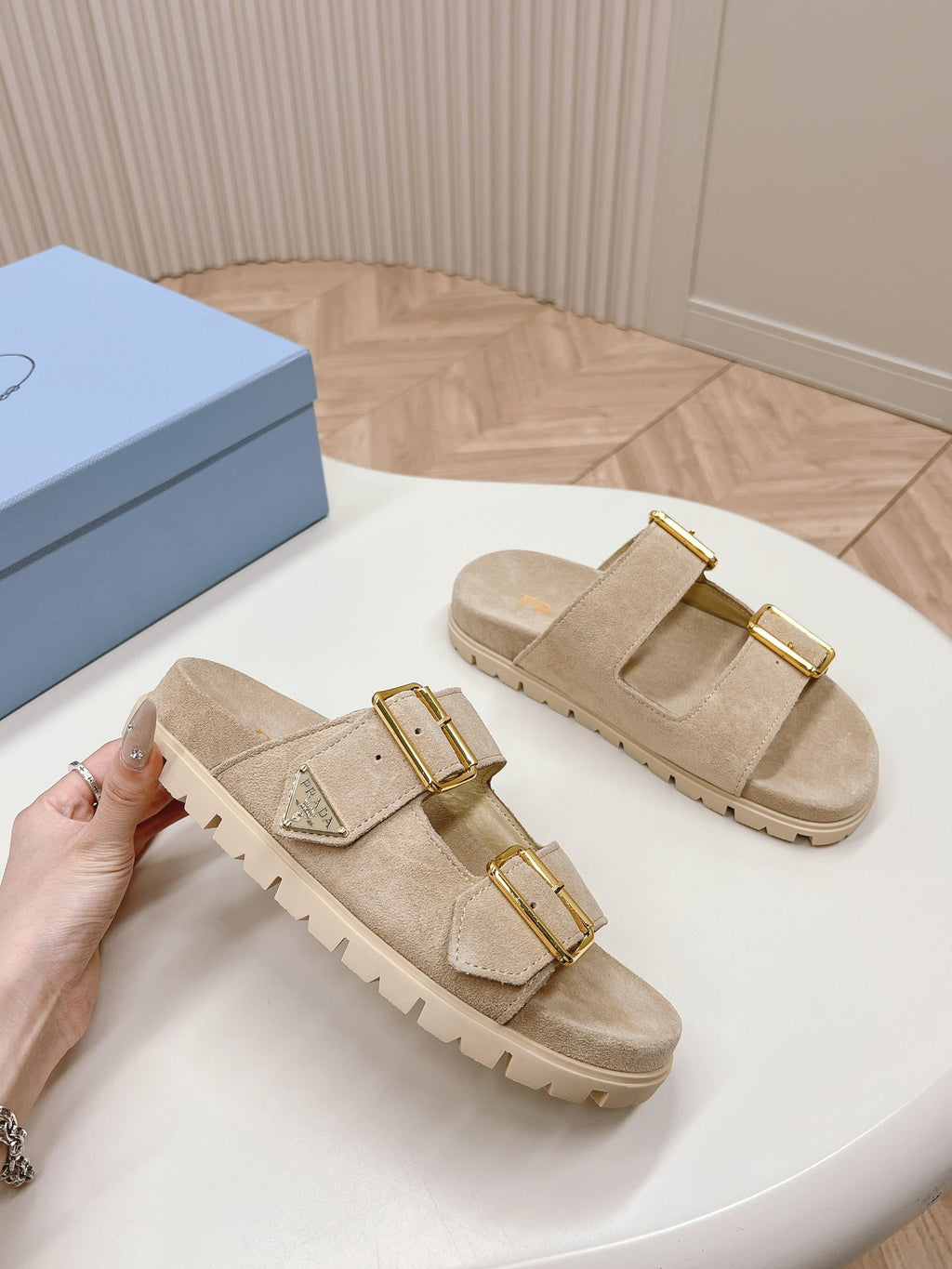 Double Buckle Strap Slides 20 Light Brown Suede