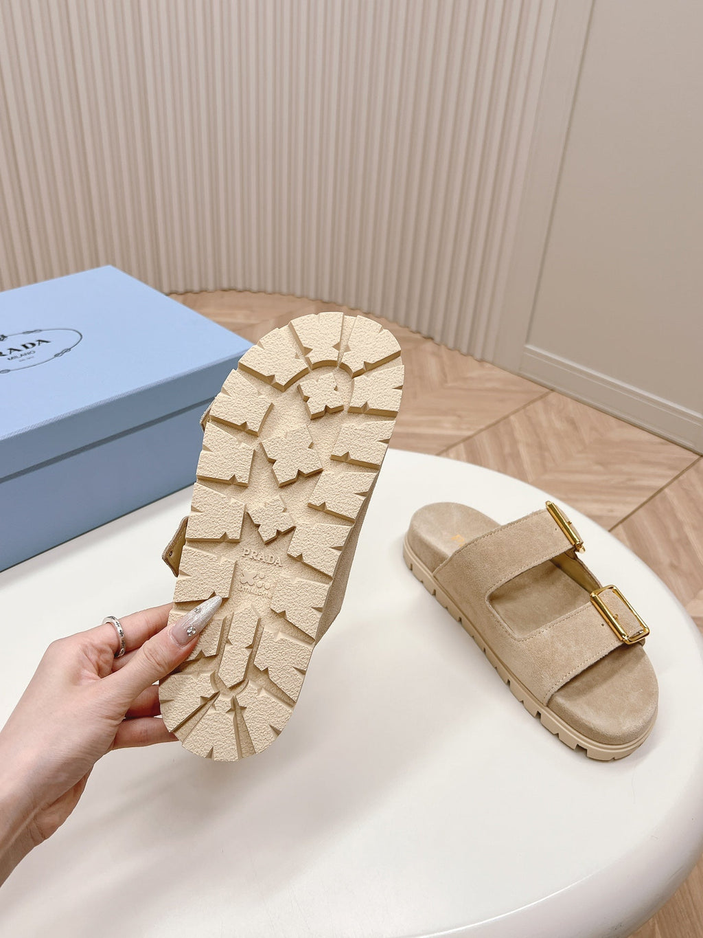 Double Buckle Strap Slides 20 Light Brown Suede