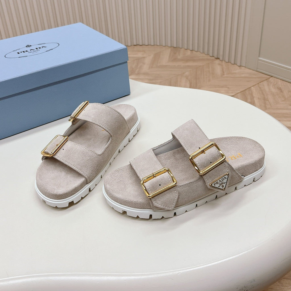 Double Buckle Strap Slides 20 Light Grey Suede