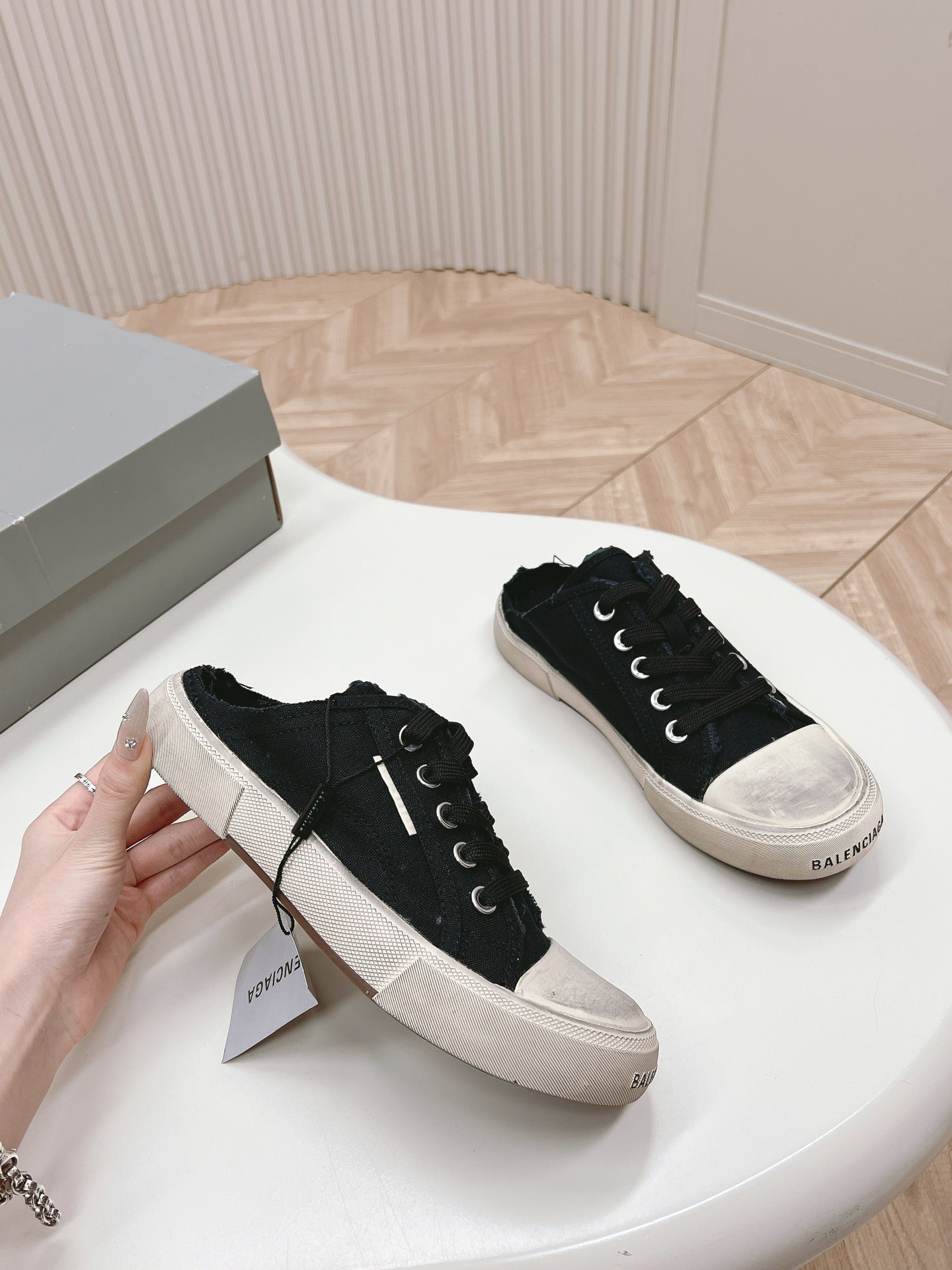 PARIS MULES IN BLACK DESTROYED DENIM AND RUBBER