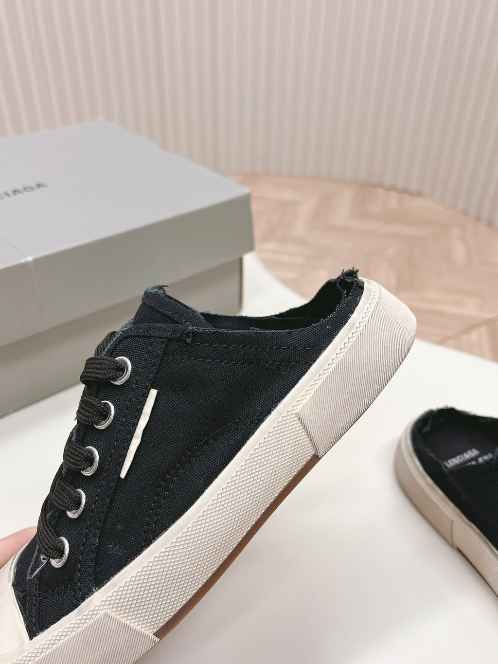 PARIS MULES IN BLACK DESTROYED DENIM AND RUBBER