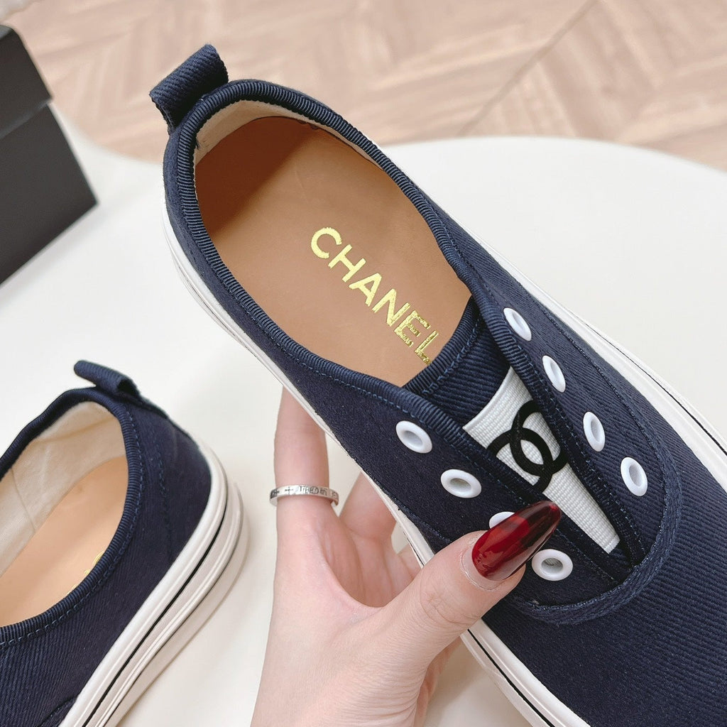 Double C Platform Biscuit Shoes Fabric Navy Blue