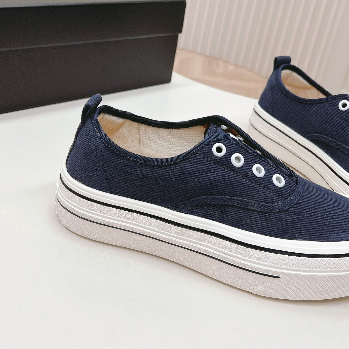 Double C Platform Biscuit Shoes Fabric Navy Blue