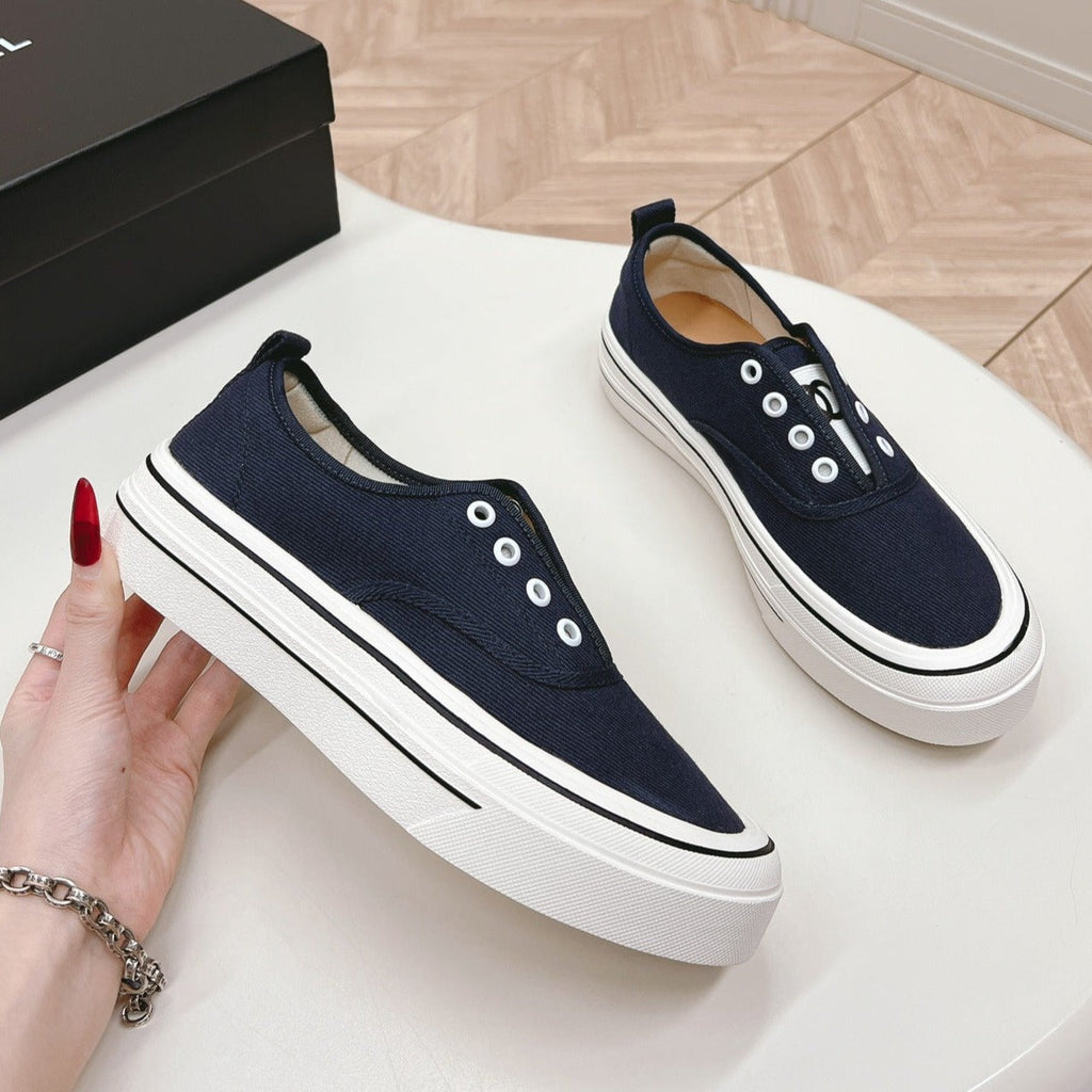 Double C Platform Biscuit Shoes Fabric Navy Blue