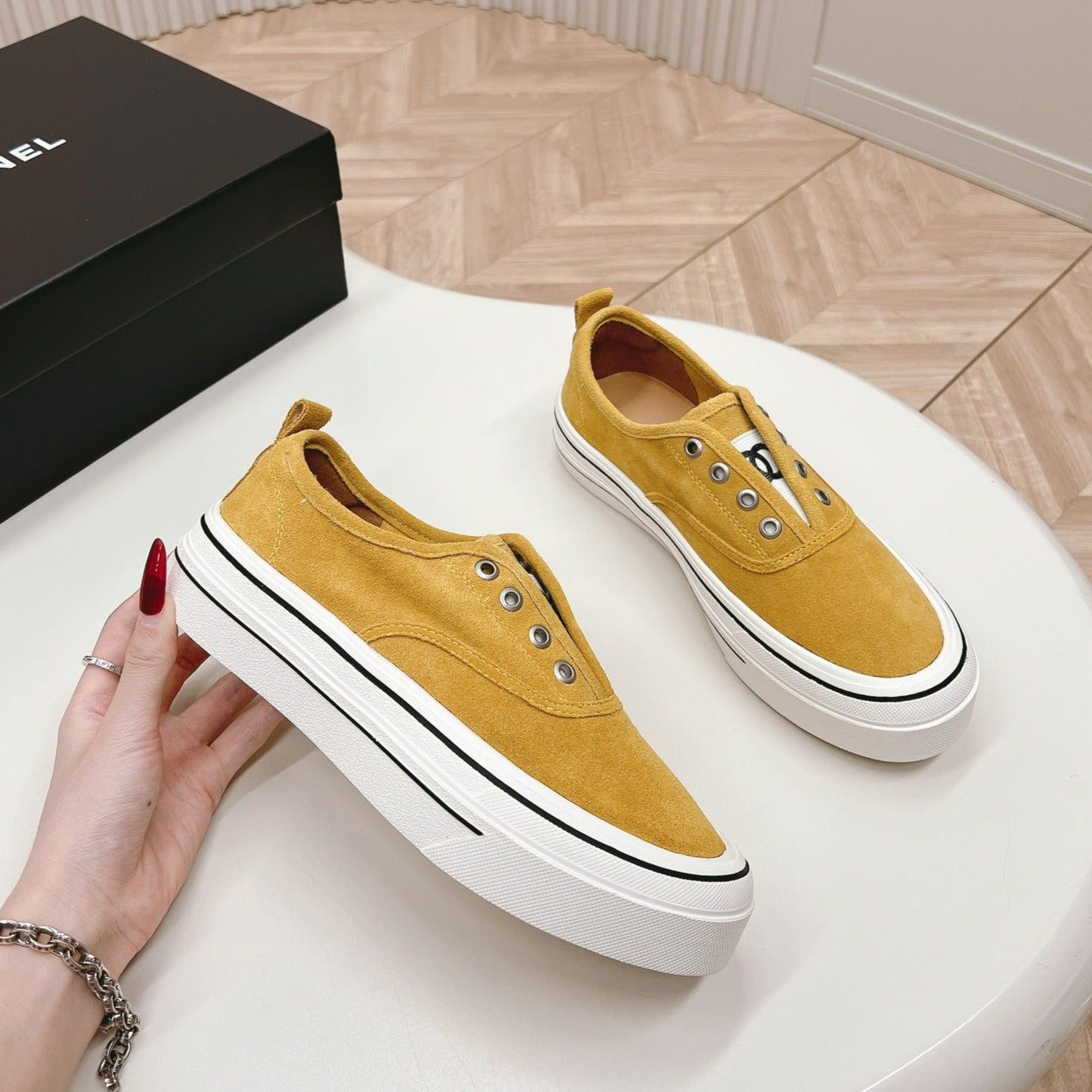 Double C Platform Biscuit Shoes Fabric Amber Yellow