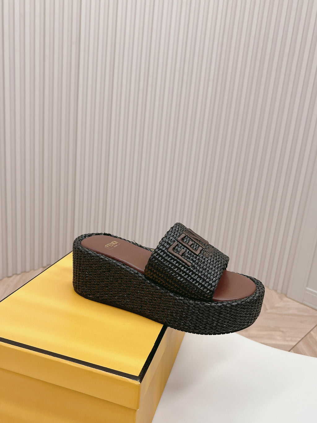 FENDI SIGNATURE WEDGE PLATFORM 6 CM IN BLACK FIBRE WITH BROWN EMBROIDERED LOGO