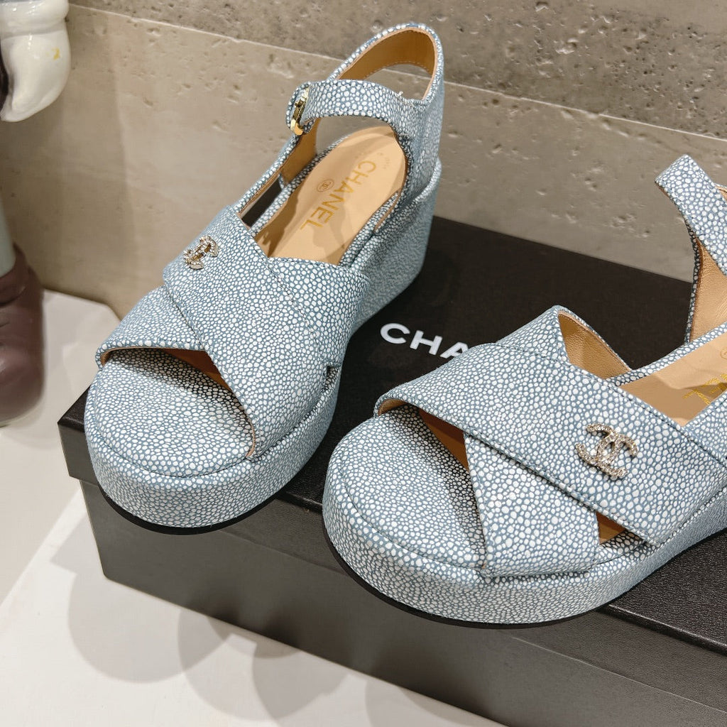 Wedge Open-Toe High Heel Sandals Saphire Blue Sheepskin