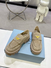 PRADA 25S THICK-SOLE LOAFERS 60 MM IN BEIGE SUEDE WITH GOLD HARDWARE