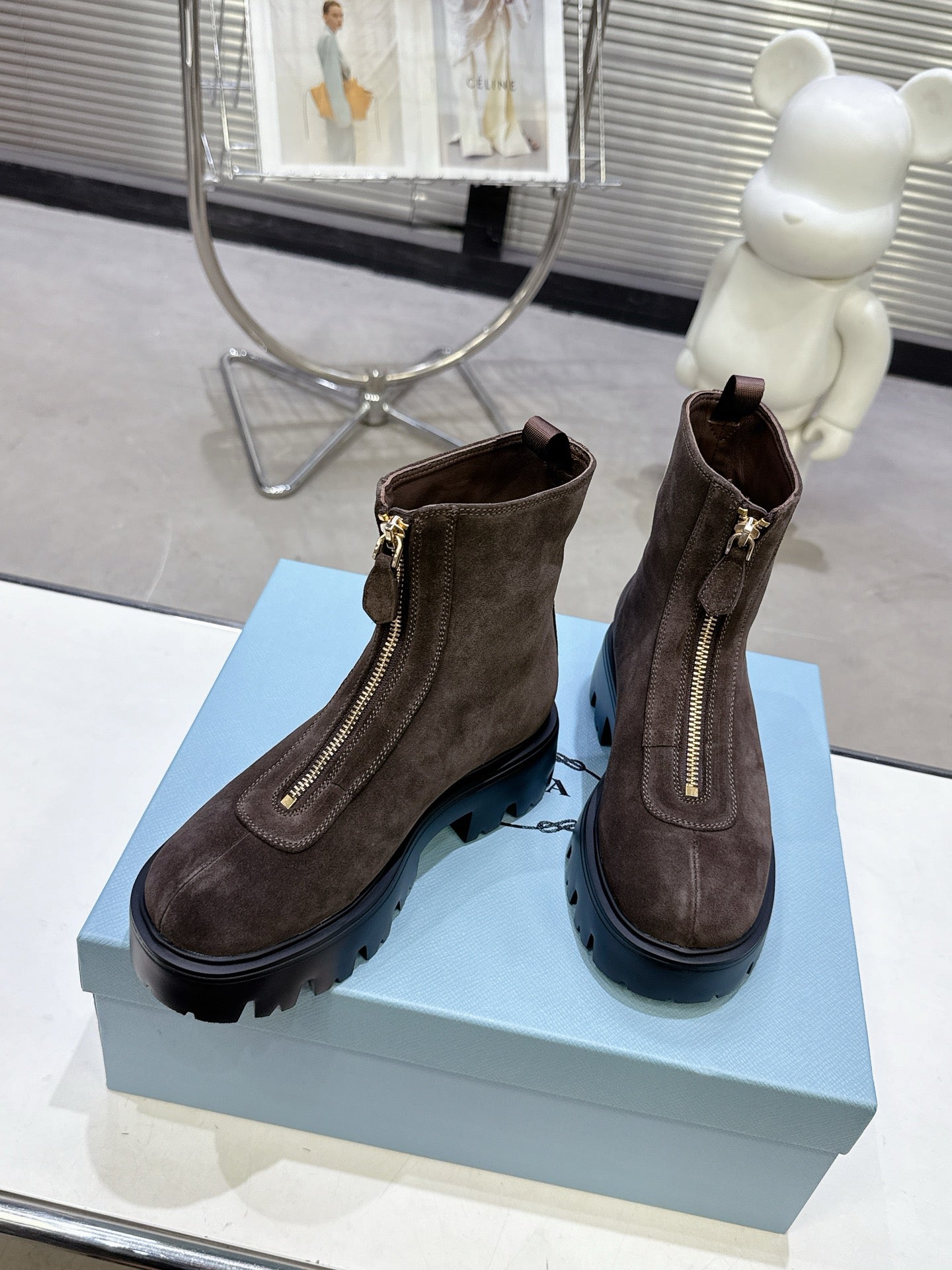 PRADA 25S ZIP-UP ANKLE BOOTS IN DARK BROWN SUEDE
