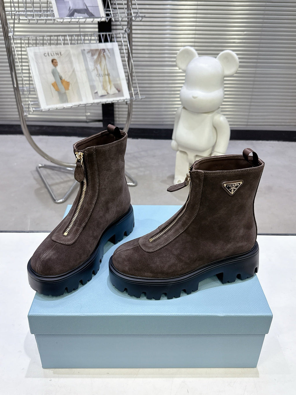 PRADA 25S ZIP-UP ANKLE BOOTS IN DARK BROWN SUEDE