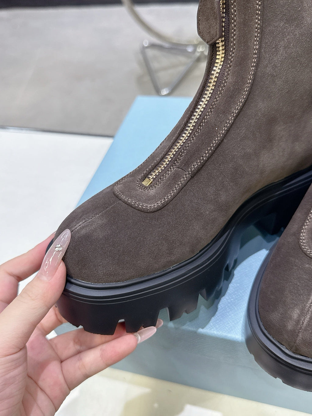 PRADA 25S ZIP-UP ANKLE BOOTS IN DARK BROWN SUEDE