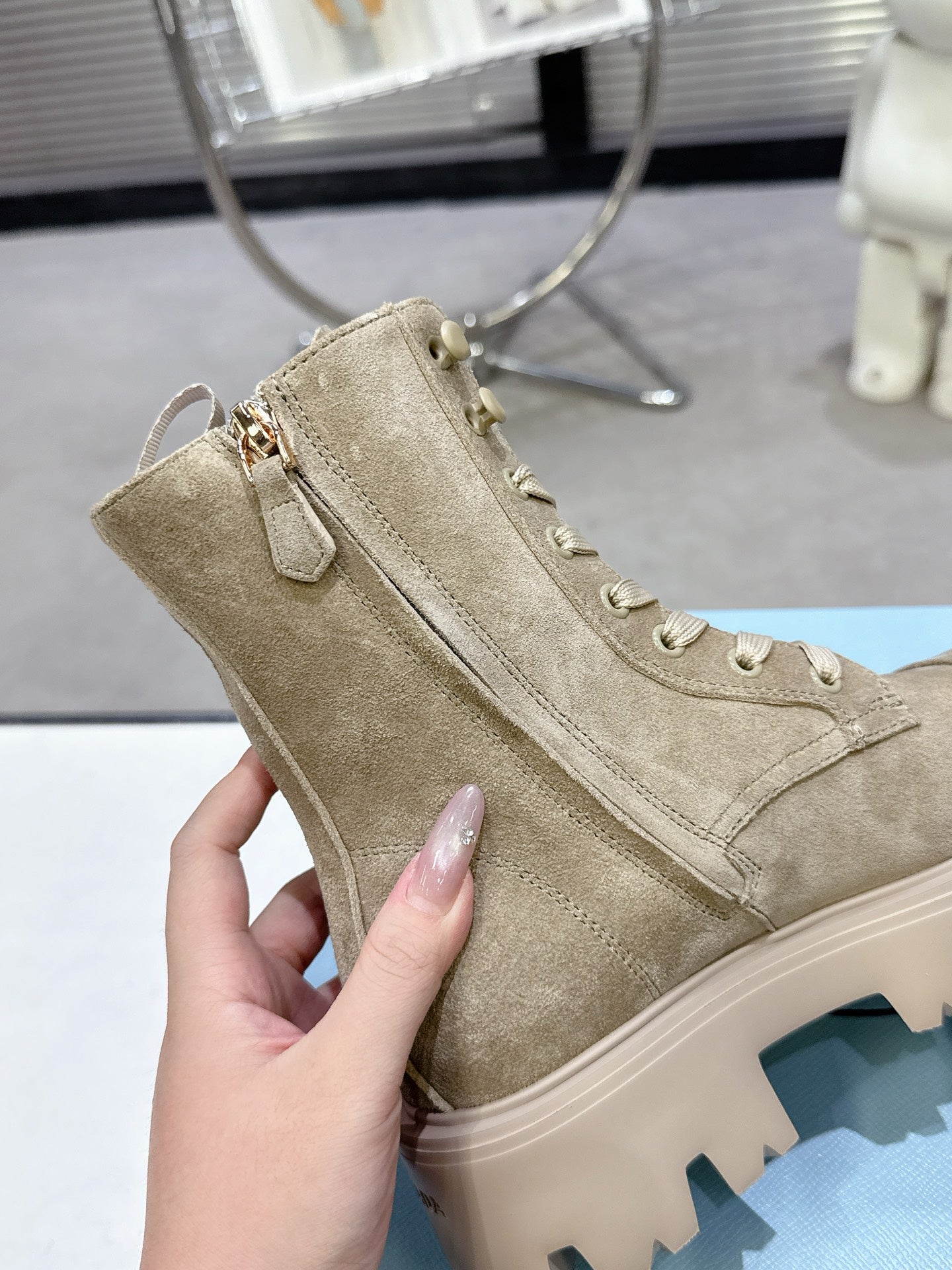 PRADA 25S WARRIOR BOOTS IN BEIGE SUEDE