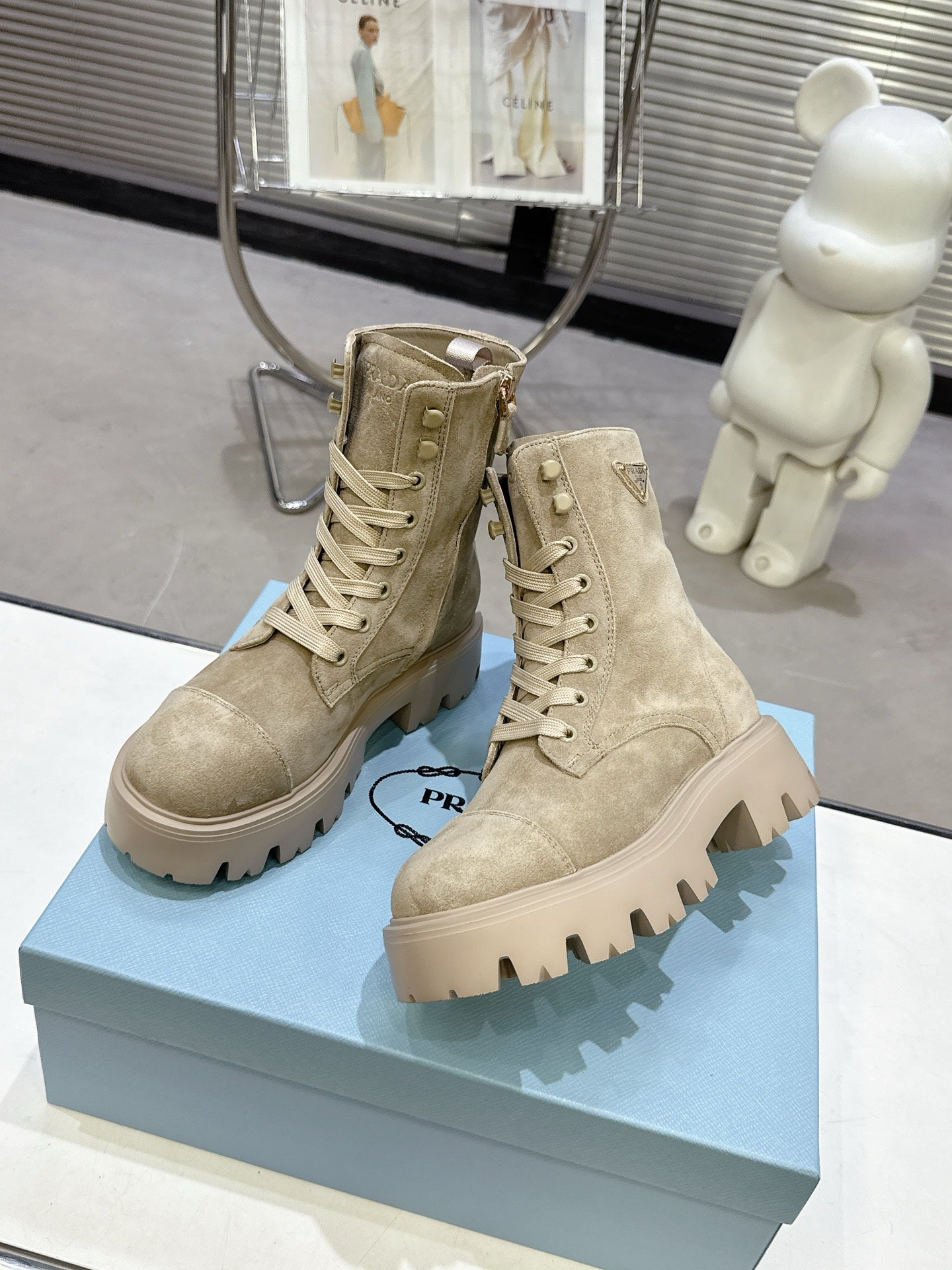 PRADA 25S WARRIOR BOOTS IN BEIGE SUEDE