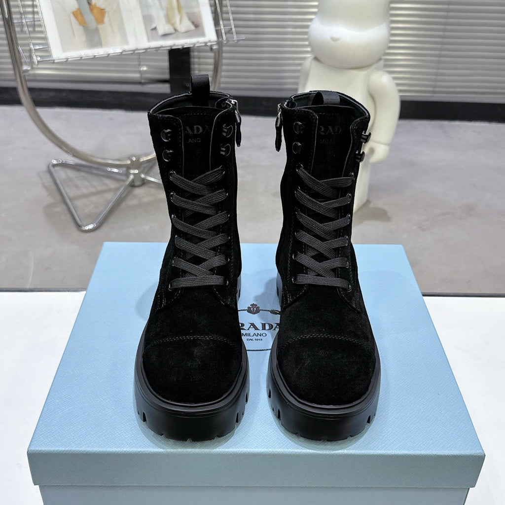 PRADA 25S WARRIOR BOOTS IN BLACK SUEDE