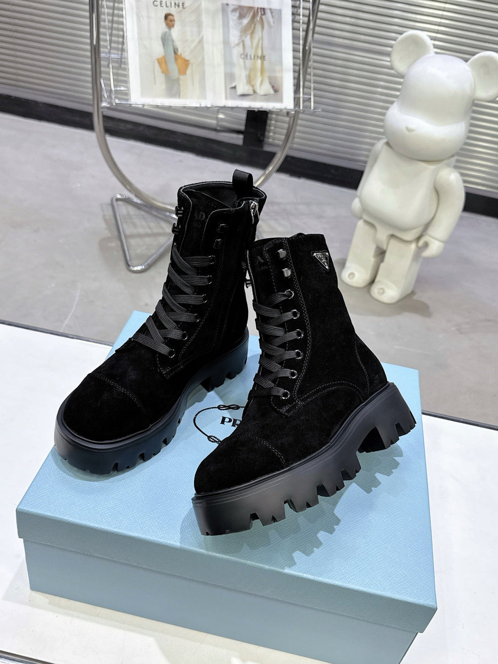 PRADA 25S WARRIOR BOOTS IN BLACK SUEDE