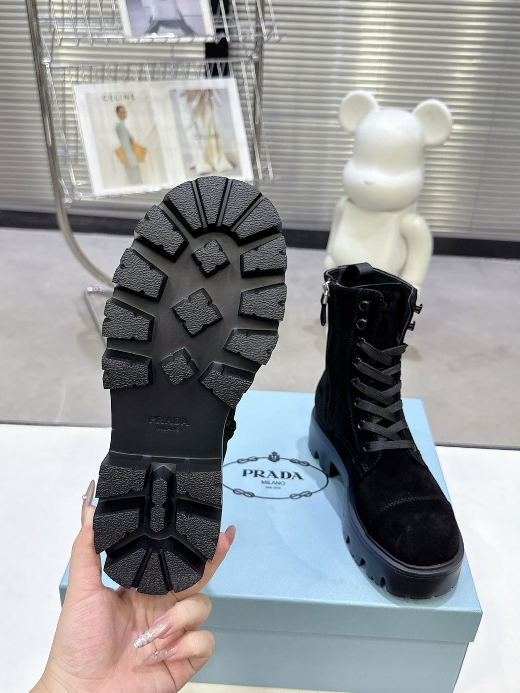 PRADA 25S WARRIOR BOOTS IN BLACK SUEDE