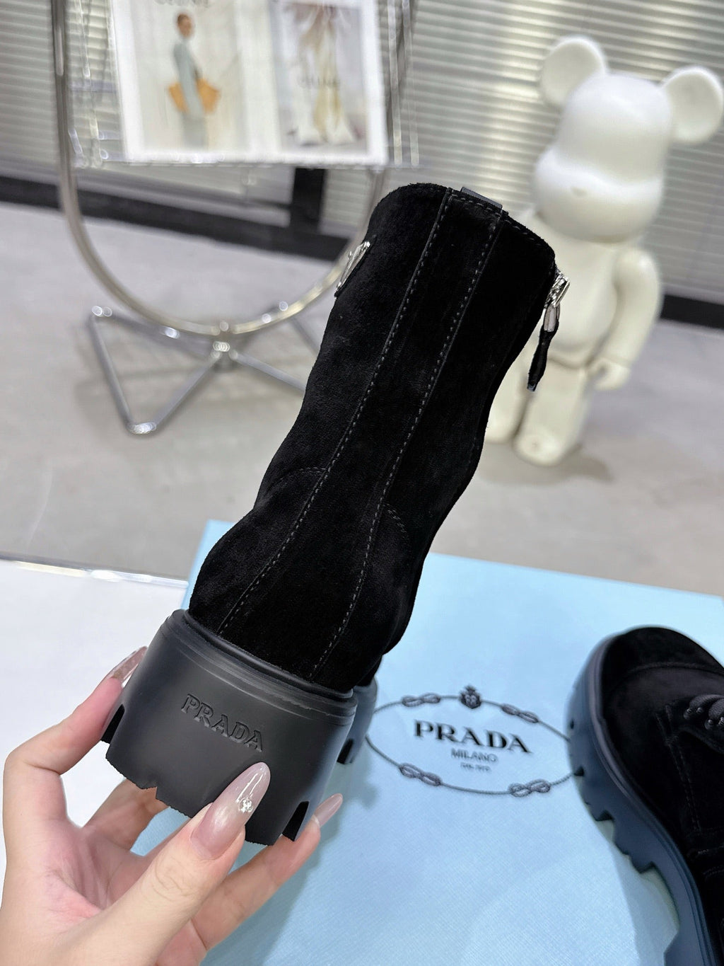 PRADA 25S WARRIOR BOOTS IN BLACK SUEDE