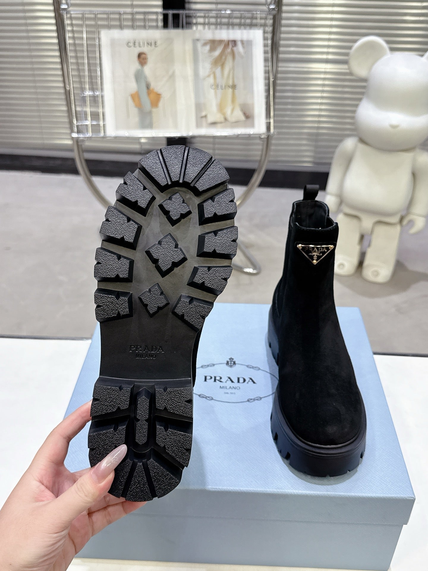 PRADA 25S RETRO PLATFORM MARTIN ANKLE BOOTS IN BLACK SUEDE