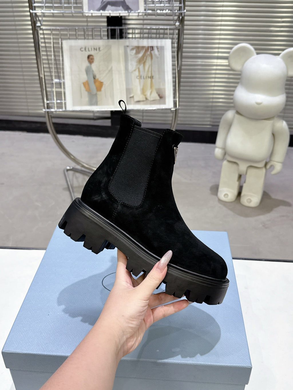 PRADA 25S RETRO PLATFORM MARTIN ANKLE BOOTS IN BLACK SUEDE