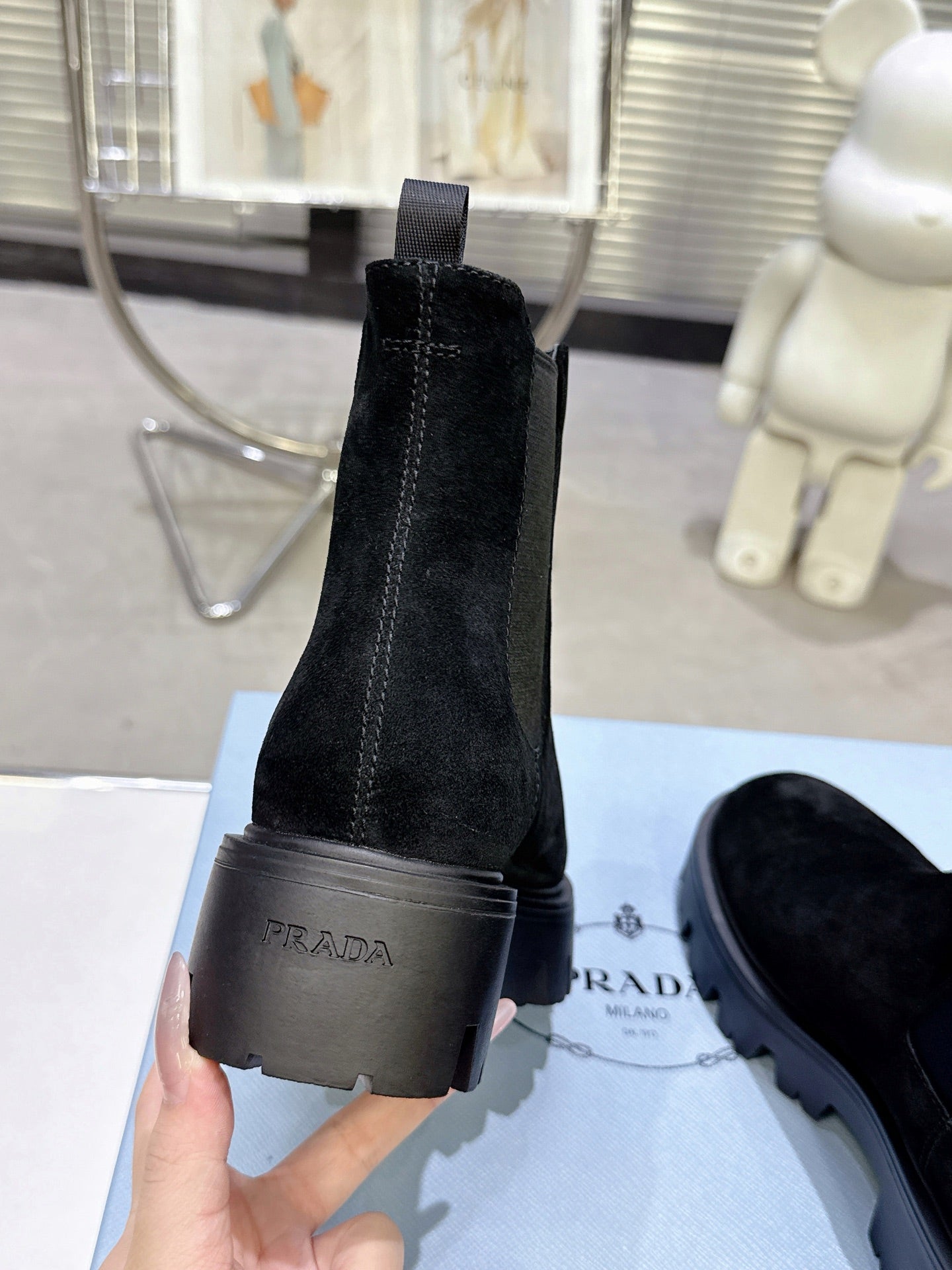 PRADA 25S RETRO PLATFORM MARTIN ANKLE BOOTS IN BLACK SUEDE