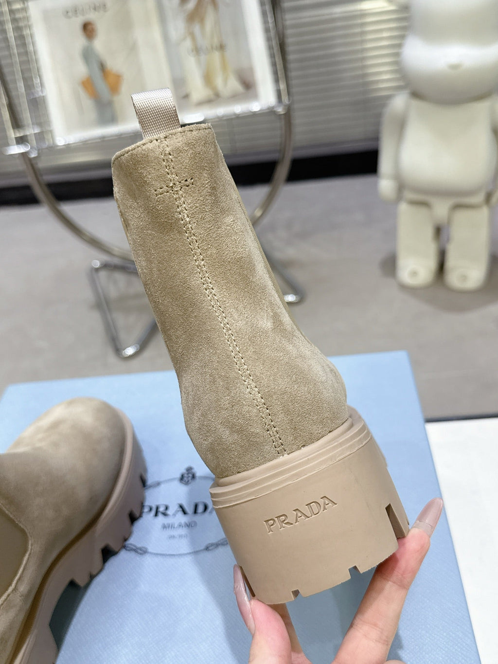 PRADA 25S RETRO PLATFORM MARTIN ANKLE BOOTS IN BEIGE SUEDE