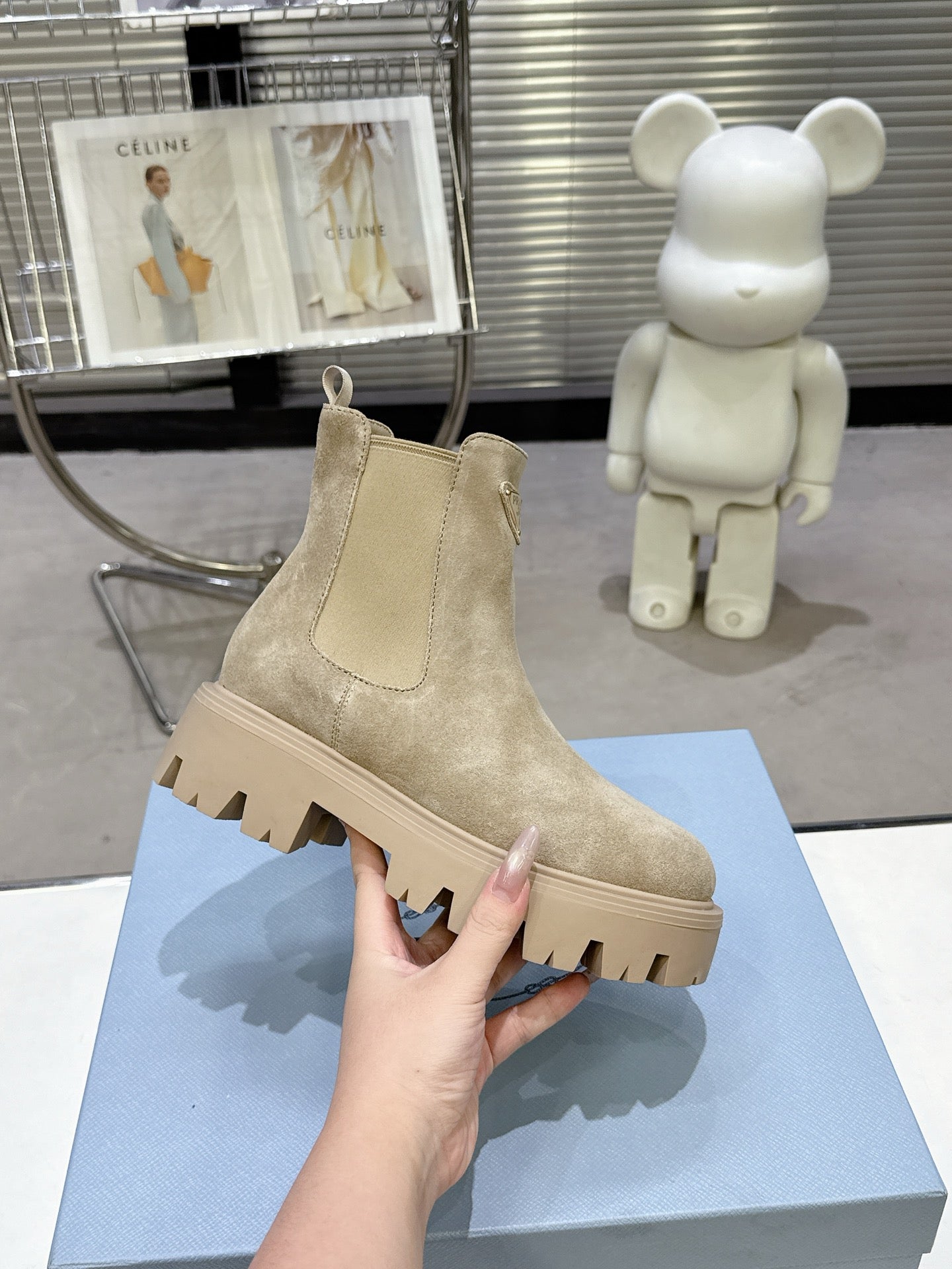 PRADA 25S RETRO PLATFORM MARTIN ANKLE BOOTS IN BEIGE SUEDE