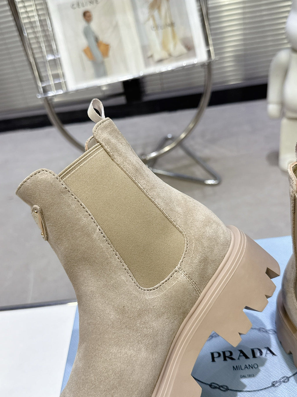 PRADA 25S RETRO PLATFORM MARTIN ANKLE BOOTS IN BEIGE SUEDE