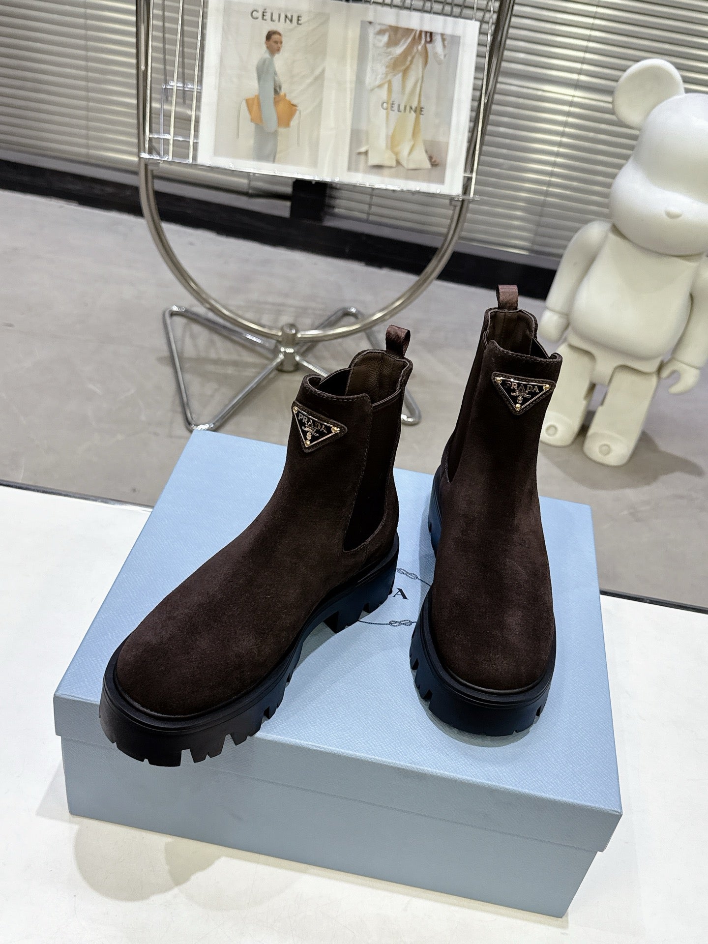 PRADA 25S RETRO PLATFORM MARTIN ANKLE BOOTS IN DARK BROWN SUEDE