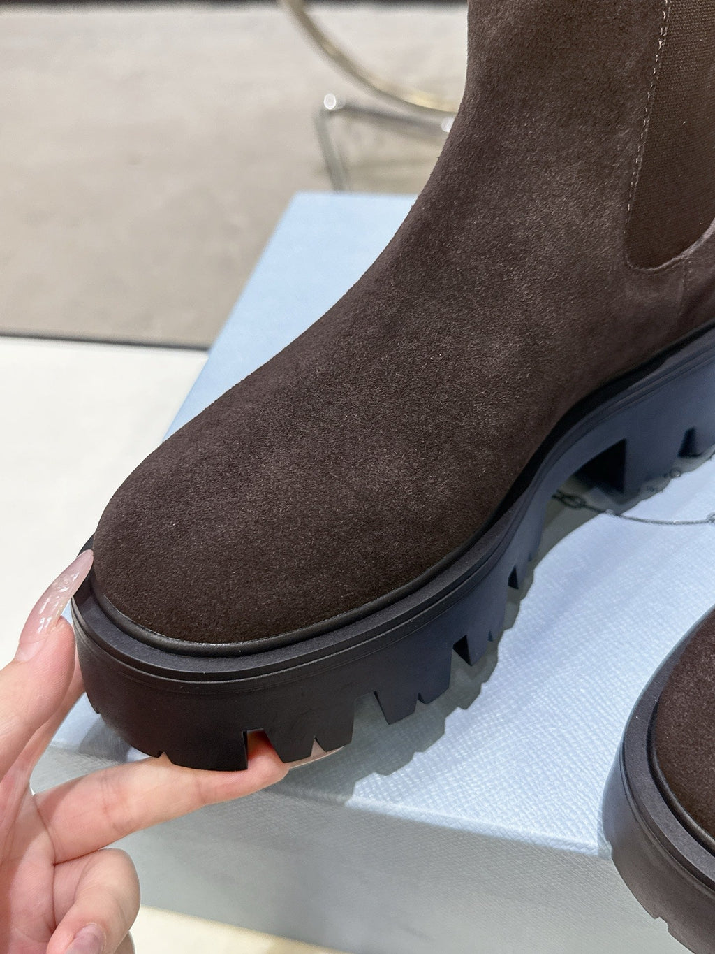 PRADA 25S RETRO PLATFORM MARTIN ANKLE BOOTS IN DARK BROWN SUEDE