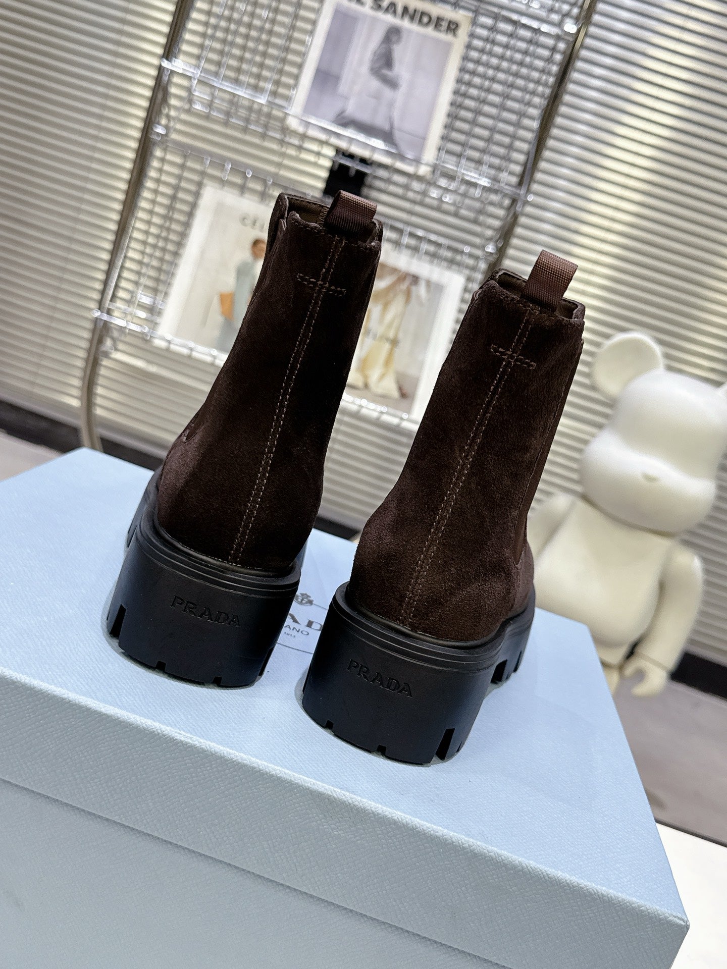 PRADA 25S RETRO PLATFORM MARTIN ANKLE BOOTS IN DARK BROWN SUEDE