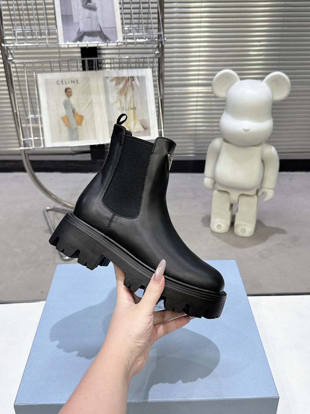 PRADA 25S RETRO PLATFORM MARTIN ANKLE BOOTS IN BLACK CALFSKIN