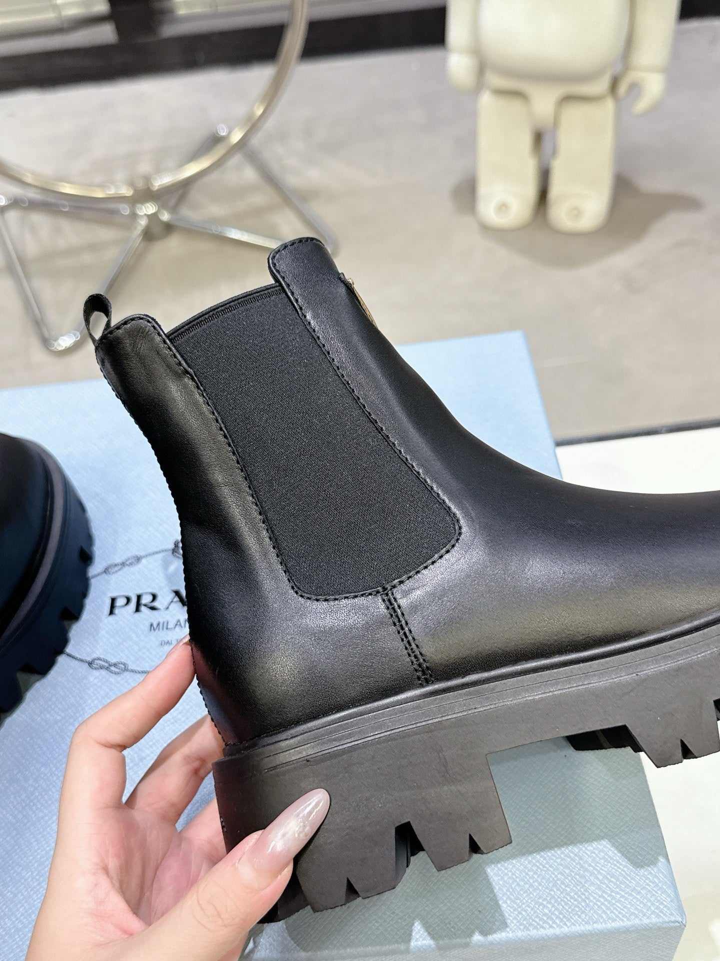 PRADA 25S RETRO PLATFORM MARTIN ANKLE BOOTS IN BLACK CALFSKIN