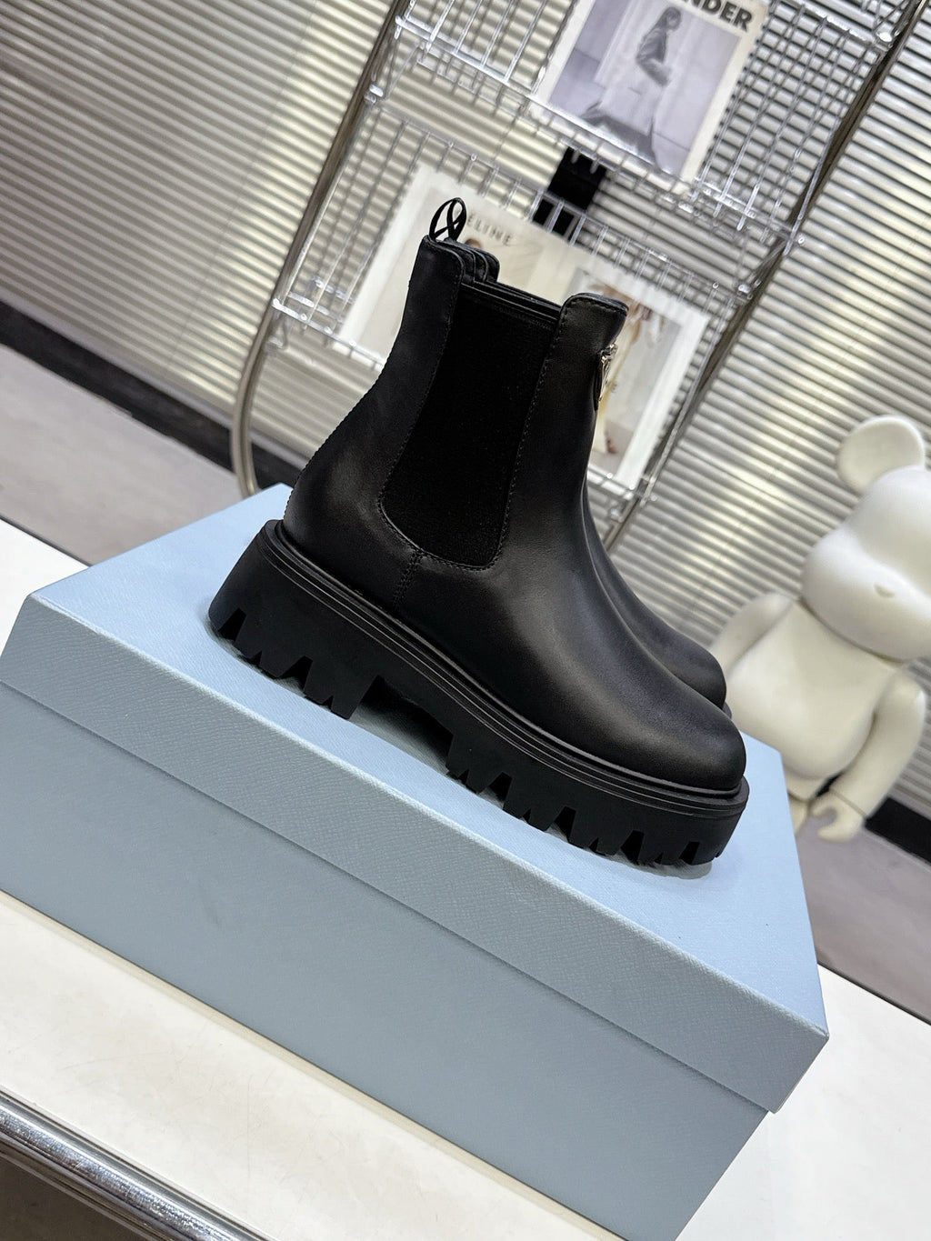 PRADA 25S RETRO PLATFORM MARTIN ANKLE BOOTS IN BLACK CALFSKIN