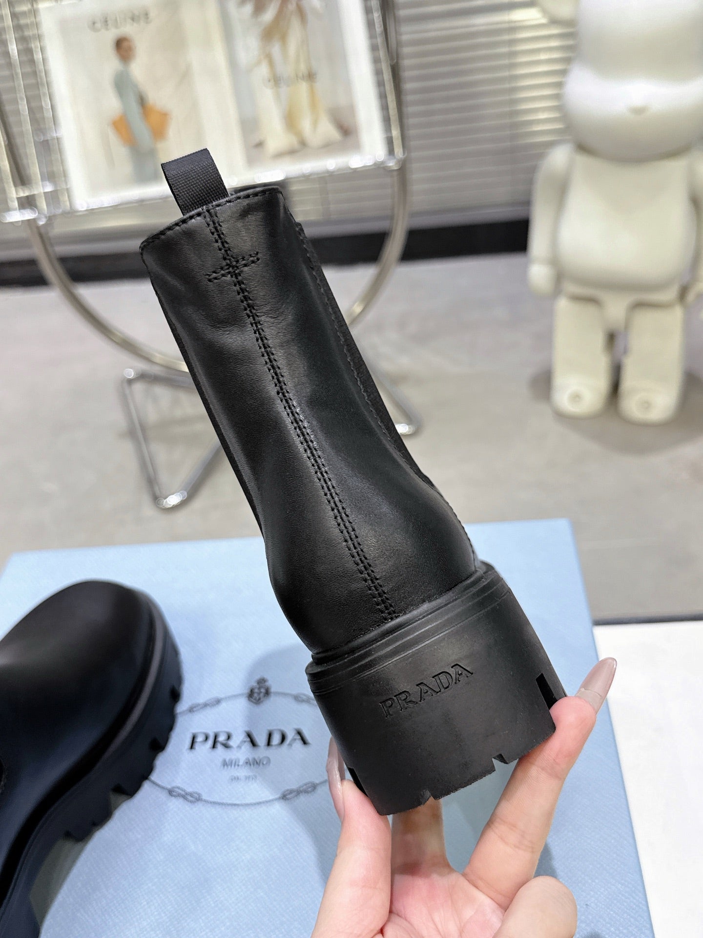 PRADA 25S RETRO PLATFORM MARTIN ANKLE BOOTS IN BLACK CALFSKIN